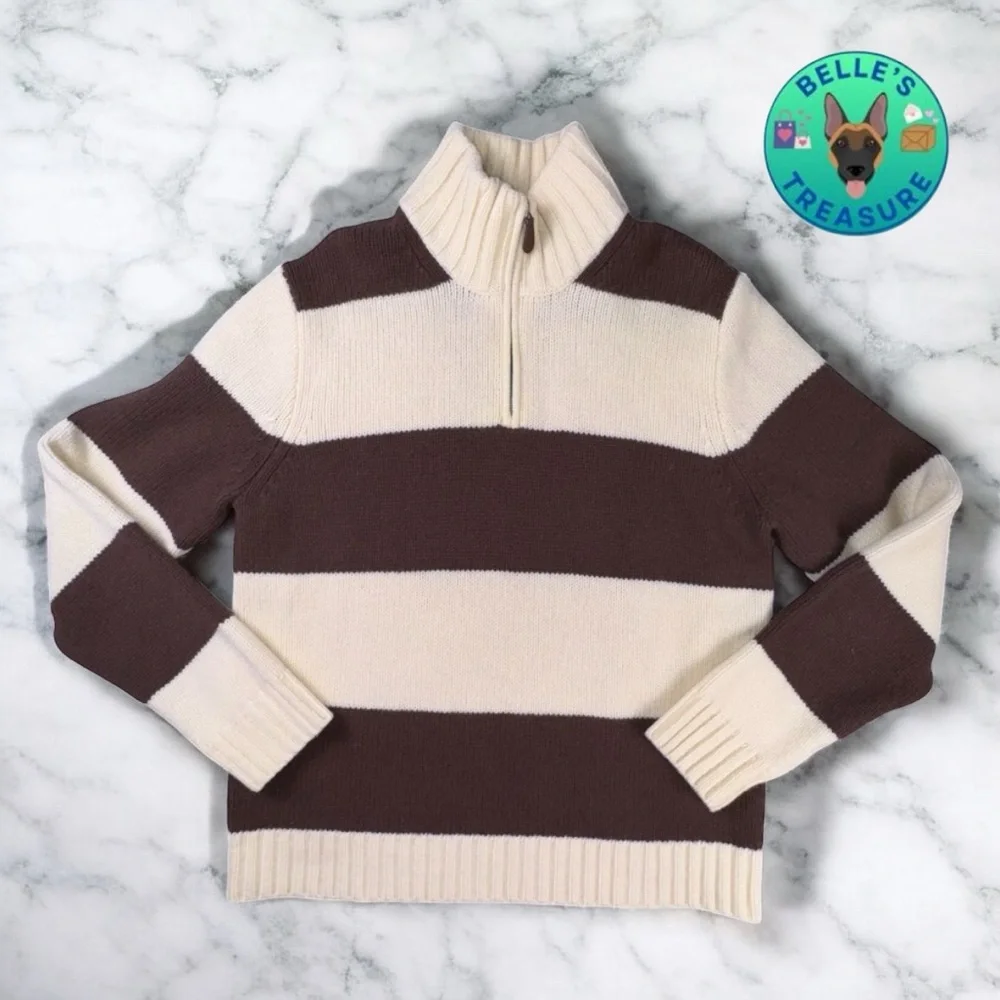 J. Crew Sweater Mens Medium Beige Brown Rugby Striped Wool Chunky Knit Mock Neck